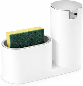 Dispenser de Detergente com Porta Bucha Branco e Aço Escovado – Organizador de Pia Moderno, Compacto, Resistente, Ideal para Cozinha Prática e Elegante Premium