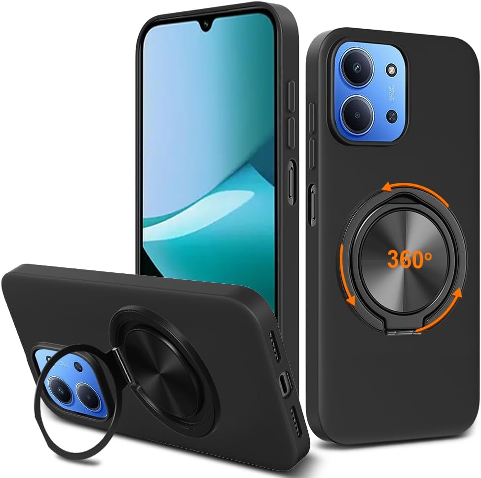 Compatible con la caja del teléfono Xiaomi Redmi 15C / C85 2025, soporte de anillo giratorio de 360 ° Kickstand/Stand Silicone TPU Silm Fit Funda protectora a prueba de golpes para Xiaomi Redmi 15C - Negro