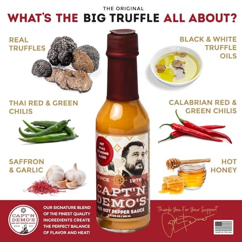 Image of CAPTAIN DEMO's TRIPLE TRUFFLE Red Hot Pepper Sauce - Three Bottle Pack with TWO Bonus Travel Bottles, Gourmet Hot Sauce With Black Truffle, Black & White Truffle Oil, Garlic, Hot Honey Heat
