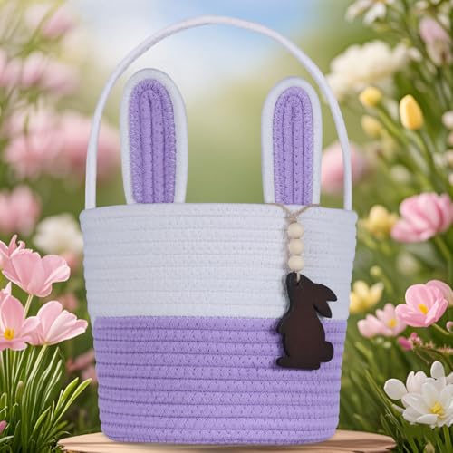 Image of Easter Basket Empty Easter Basket for Girls Easter Baskets for Kids Boys Girls with Bunny Tag Egg Gifts Toddler Teens Babys First Easter with Handle Purple