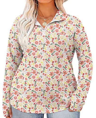 LOMON Women Plus Size UPF 50+ Sun Protection Breathable Stretch Hiking Sweatshirt for Women Running Outdoor Workout Shirts（White Pink Floral,3XL）