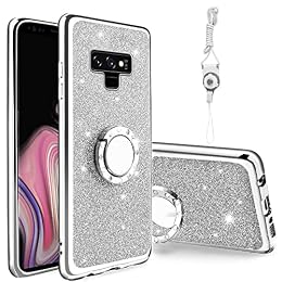 Easyscen for Samsung Galaxy Note 9 Case (6.4-inch) Shockproof Protective Cover with Ring Kickstand + Lanyard Strap Girls Women Cute Glitter Clear Soft Phone Case - Silver