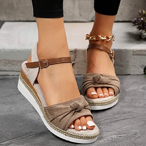 Orthopedic Platform Wedge Sandals For Women Summer Dressy Flat 2023 Open Toe Ankle Strap Espadrilles Sandals Casual Strappy Slip On Sandals Beach Boho Sandals Comfortable Outdoor Shoes (Khaki #4, 9) #TOP5