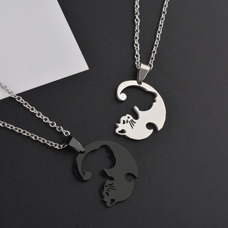 Collier en argent sterling puzzle cœur chat noir pour BFF
