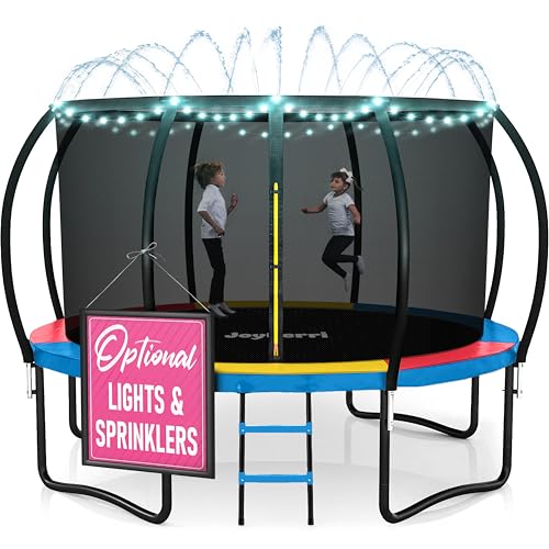 JoyBerri Trampoline Outdoor - ASTM Certified Safe, 8Ft, 10Ft, 12Ft, 14Ft, 15Ft, 16Ft Recreational Trampoline for Kids and Adults. Anti-Rust Coating with Enclosure Net, Ladder, Sprinkler & LED Lights