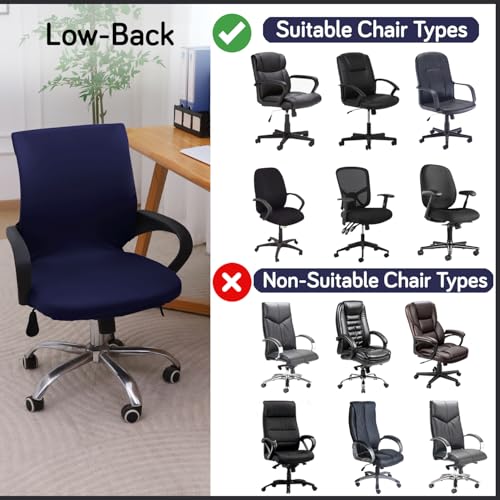 Image of HOKIPO 'SereneSolids' 140 GSM Office Chair Cover for Desk Chair (Low-Back) - 140 GSM Stretchable Fabric - Washable & Anti-Slip - Fits Small & Low-Back Office Chairs, Navy Blue (AR-6222-NBLU-S)