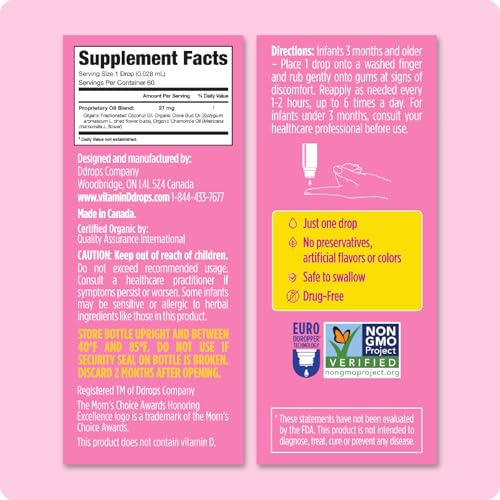 ddrops baby organic teething drops calms and soothes tender gums naturally easy-to-use drop format 3 months  60 drops
