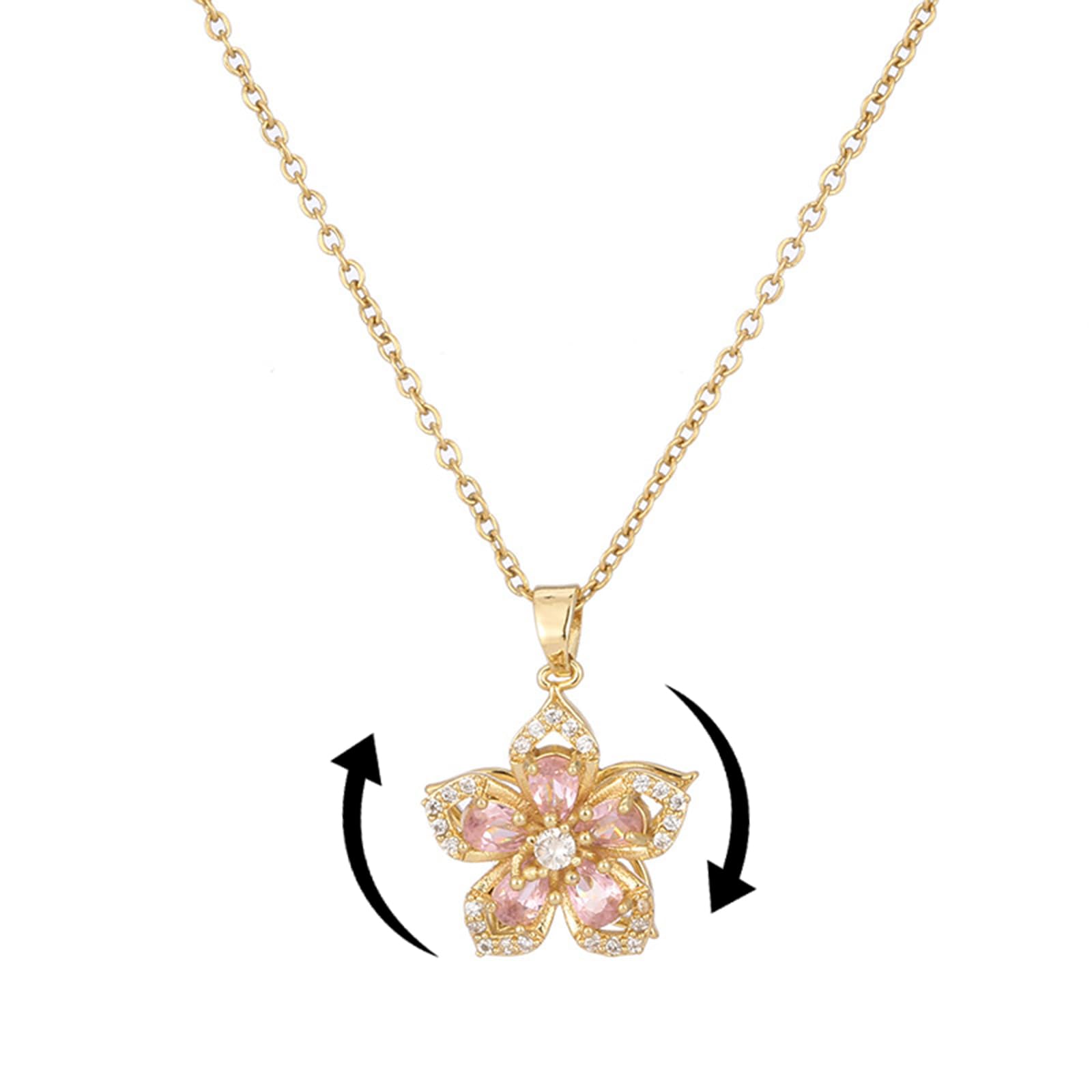 Flower Necklace for Women Gold Dainty Fidget Necklace Rotatable Crystal Silver Blossom Pendant Necklaces Adjustable Spinning Fidget Necklaces Redbud Flower Choker Funny Summer Jewelry pink