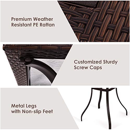 Safstar 37”/ 94Cm Height Bistro Table Outdoor Bar Table, Square Patio Table With Umbrella Hole, Tempered Glass Top & Wicker Covered Edge, Outdoor Counter Height Table For Garden Patio Poolside Deck #TOP5