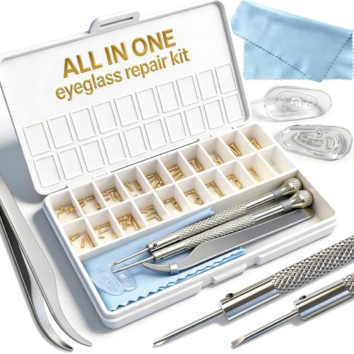 PFDHQS Gold Eyeglass Repair Kit with 18 Sizes Gold-Plated Screws, 1.4mm Precision Screwdrivers, Tweezers, Nose Pads & Cloth - Compact Eye Glass Repairing Kit for All Eyewear Types