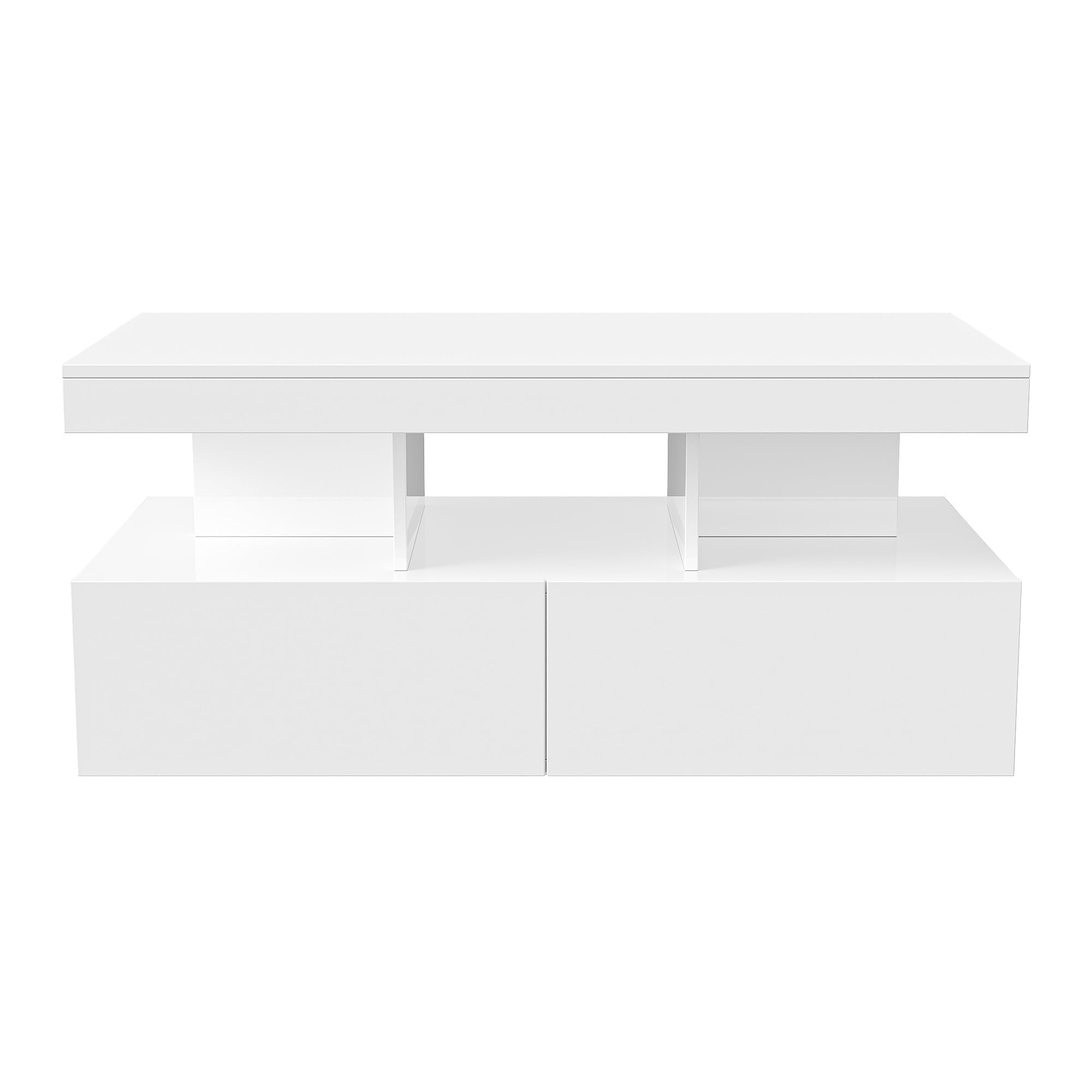 Tavolino da salotto, bianco, lucido, con illuminazione a LED RGB, tavolino con 2 cassetti, tavolino con vano portaoggetti, moderno, superficie liscia, 104 x 46 x 53 cm (bianco)