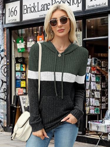 MixShe Women’s Color Block Knit Hoodie – Casual Long Sleeve Pullover Sweater Tops with Pocket