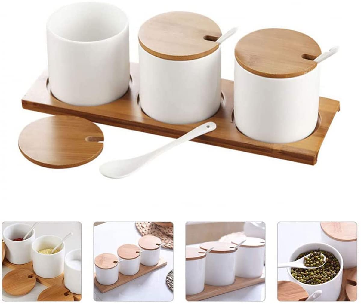 Gewürzdosen-Set, Gewürzdose, Gewürztopf, Pfeffer, Salz, Zuckerdose, Gewürzbehälter, Behälter mit Deckel, kleiner Löffelhalter for die Küche, weiße Dose