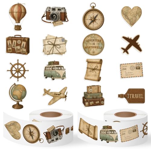 Image of Vintage Travel Sticker Rolls, 1000Pcs Luggage Adventure 2 Rolls