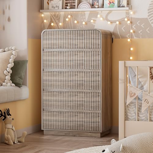 Image of Wodeer Grey Dresser Fluted Tall 5 Drawer Dresser for Bedroom, Wood Chest of Drawers with Hidden Handles & Rounded Corners, Modern Storage Cabinet and Organizer Drawers for Living Room, Hallway, Gray