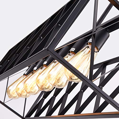 Mirrea Vintage Pendant Light Fixture 6 Lights In Rectangle Frame Shade Matte Metal Black Painted Finish #TOP4