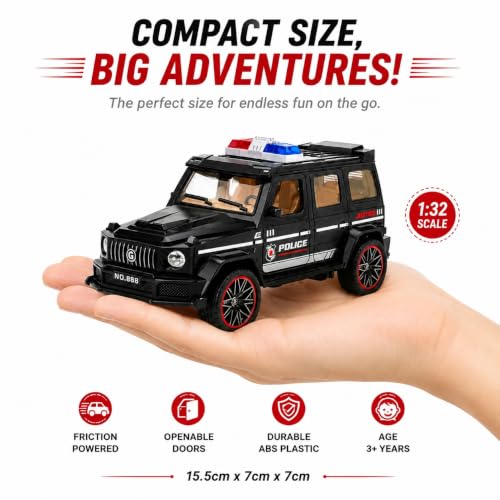 Image of 1:32 Scale G-Wagon Police Toy Car - Friction Powered ABS SUV with Openable Doors - Mini Collectible Police Vehicle for Kids, Boys & Enthusiasts (Black)