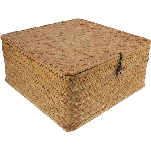 Ciieeo Cesta de Almacenamiento Cuadrada de Paja Natural con Tapa Organizador de Escritorio Multiusos para Hogar Decoración Práctica y Segura