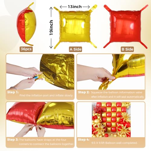 Image of 36pcs Red and Gold Square Foil Balloons Wall Backdrop with 147pcs Balloon Garland Arch Kit, Double Sided Balloons for Valentine's Day Wedding Birthday Engagement Anniversary Party Decorations