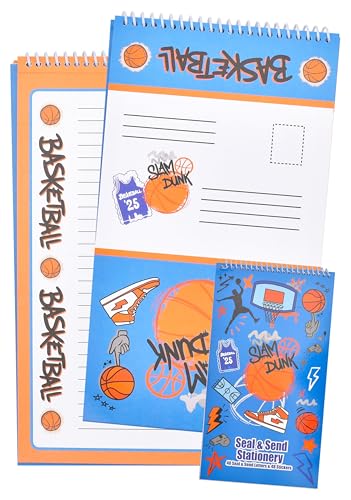 Image of iscream + Corey Paige Designs Fold and Send Boys Stationery - Basketball | 40 Pack, Fun Print, Spiral Bound, Large 10.5 inch x 5.75 inch Cards, Coordinating Sticker Sheets, Fold and Send, Summer Camp Ready
