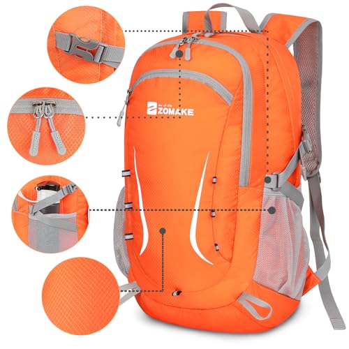 Image of ZOMAKE Lightweight Packable Backpack 35L, Foldable Backpacks Water Resistant Collapsible Light Daypack for Hiking(Orange) | Light Hiking Backpacks Water Resistant Collapsible Day Pack for Travel, Everyday Carry, Multi-Pocket Layout, Heavy Duty Nylon