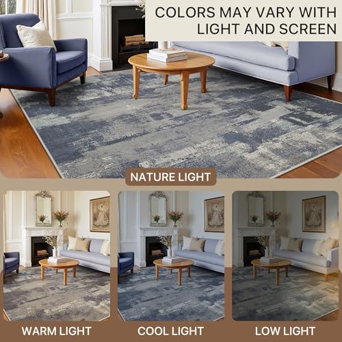 Area Rugs 8x10 for Living Room Bedroom, Modern Abstract Machine Washable Large Soft Navy Blue Rug, Low Pile Floor Carpet with Non Slip Backing for Dining Room, Harbor/Navy Blue