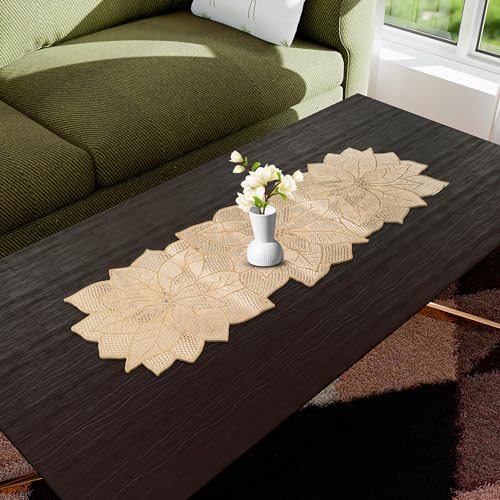 Image of Kuber Industries Leather Table Runner for Party, Wedding, Family Dinners | Coffee, Dining, Kitchen, Center Table | Flower | Golden