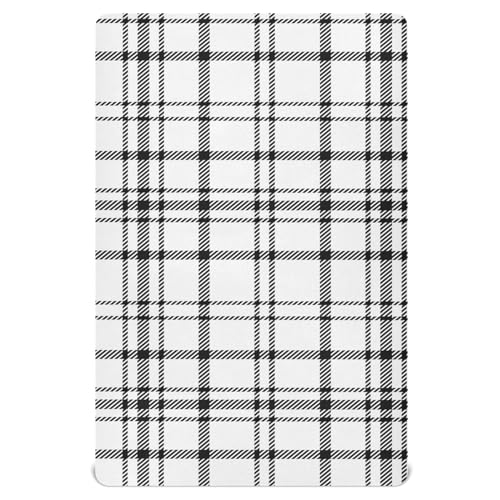 Pfrewn Crib Sheets for Boys Girls Plaid Checkered Black and White Fitted Crib Sheet for Mini Crib Mattress Stretch Soft Toddler Baby Playard Sheet, 39x27x5IN