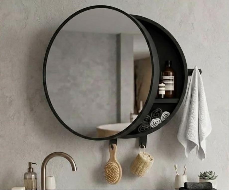 Image of CIPLA PLAST Pearl Round Bathroom Mirror Cabinet with Towel Holder | Wall-Mounted Modern Design Cabinet with Storage | Moisture-Resistant Bathroom Organizer with Toothbrush Holder (Black)