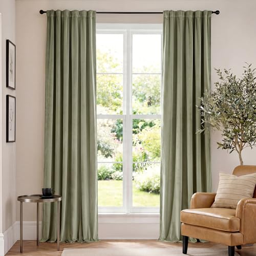Image of Blackout Olive Sage Velvet Curtains Rod Pocket 52x90 Inch 2 Panels | Soft Velvet, For Bedroom & Living Space, Light Shifting Texture, Elegant Drape, Serene, Fresh