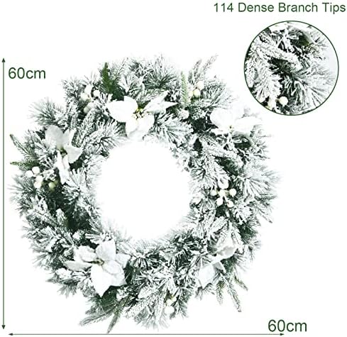 COSTWAY 60cm/24inch Pre-Lit Christmas Wreath with 50 LED Lights, Flowers & Berries, Built-in Timer, Battery Operated Artificial Wreaths Christmas Decoration for Door Table Window Wall (Snowy)