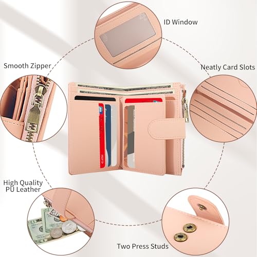 Small Wallet For Women Leather Wallet Rfid Blocking Small Bifold Wallet for Women Zipper Pocket Coin Purse Credit Card Holder with ID Window,Light Pink2