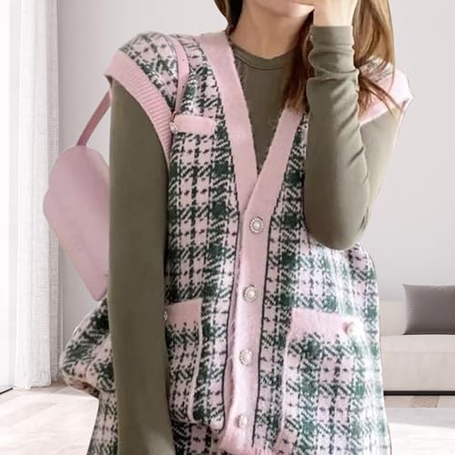 Image of Checkered Sweater Vest for Women Sleeveless V Neck Button Down Knit Tank Tops Trendy Fall Loose Cardigan Vest