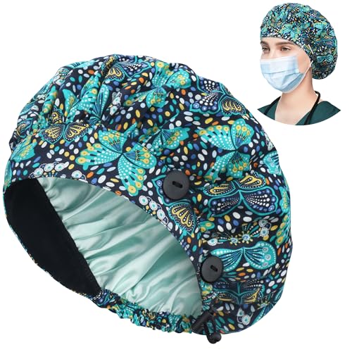 Image of ABAMERICA Bouffant Caps with Button and Sweatband, Adjustable Scrub Caps for Women Men, One Size Multi Color
