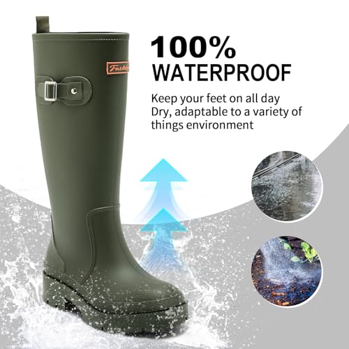 Rain Boots for Women, Anti-Slip Rubber Boots Waterproof Garden Muck Boots Durable Slip Resistant, Tall Water Shoes Comfort Fishing Boot Knee High Work2