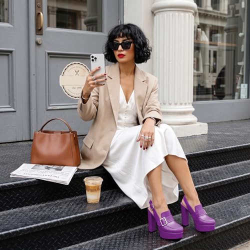 Image of Women's High Heel Loafers Platform Pumps Round Toe Heels Chunky Heel Pumps Stylish Comfortable 4.8 Inch Slingback Heels