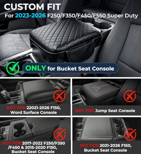 Image of Center Console Cover for Ford F250 /F350 /F450 /F550 Super Duty 2026 2025 2024 2023, Fits Bucket Seat Only, 1.2-Inch Thick PU Leather Armrest Cushion Protector with 2 Side Pockets, Black
