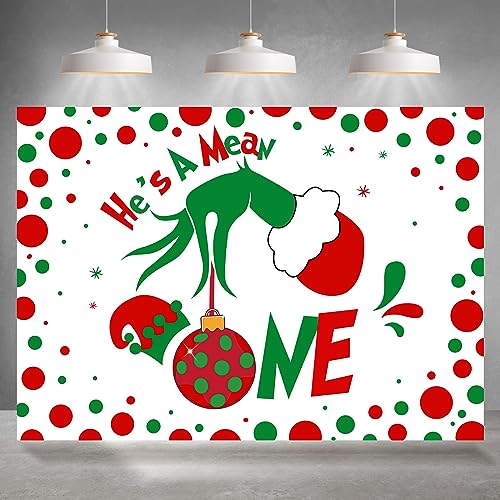 Image of Rsuuinu Christmas 1st Birthday Backdrop Boys Christmas First Birthday He's A Mean One Photography Background Winter Xmas Red Green Dots Kids Birthday Party Decorations Supplies Photo Booth Props 7x5ft