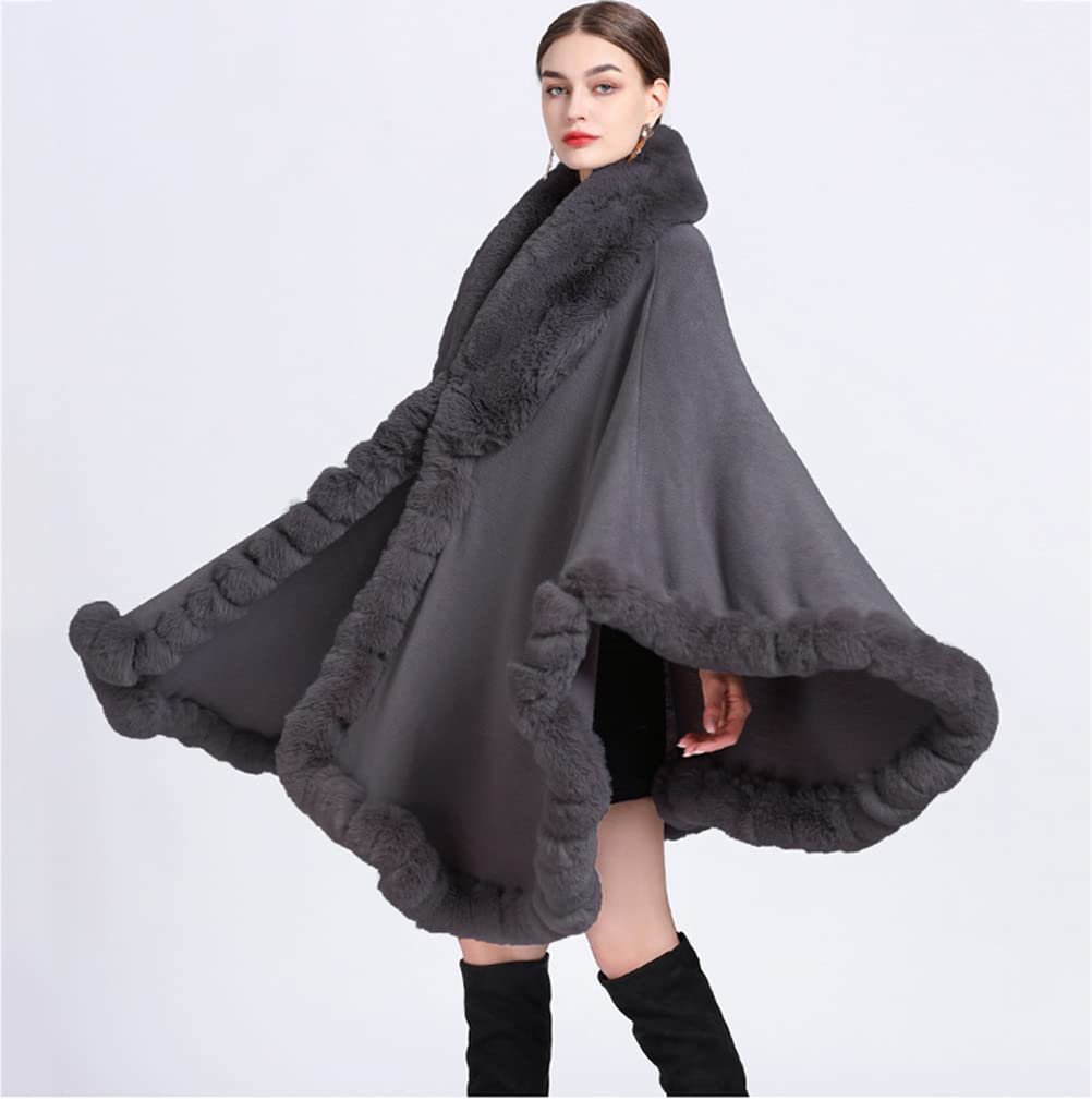 Cape en Fausse Fourrure Manteau de Laine Manches Longue Automne Hiver pour Femme, Manteau d'hiver,Dark Gray