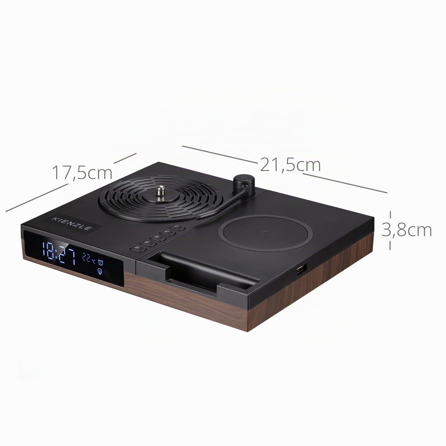 Kienzle Despertador Retro con Altavoz Bluetooth y Carga inalámbrica 15 W | Diseño de tocadiscos, temperatura, dos alarmas, luz ambiental con tres niveles de brillo, soporte para móvil, adaptador