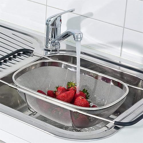 Image of Stainless Steel Oval Fine Mesh Colander Strainer with Rubber Rubber Grip Handle| Multi-Functional Large Over The Sink Basket Expandable Drainer for Rinse Vegetables Fruits (Pack of 1)
