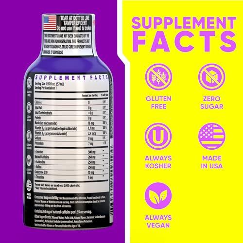 Image of Vitamin Energy Focus+ Extra Strength Energy Shot Berry 4 Pack, 260mg Natural Caffeine, B-Vitamins, CoQ10, Amino Acids, Focus, Productivity & Clarity, Zero Sugar, Gluten-Free, 1.93 fl oz