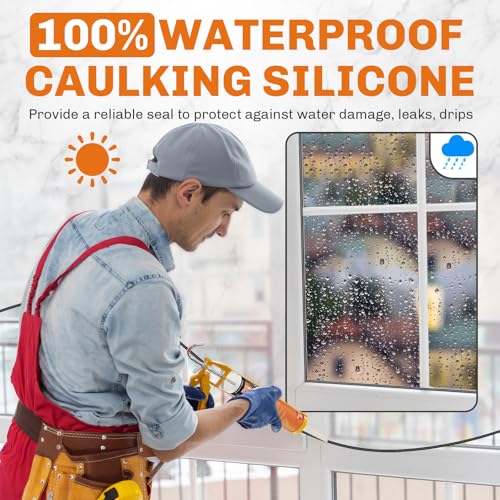Image of WELLUCK Black Silicone Caulk, 100% Waterproof Silicone Sealant Adhesive Caulking,for RV, Kitchen,Bathroom, Window, Door, Glass, Auto Leak Sealing 10.2FL.OZ /300ML(12 Pack)