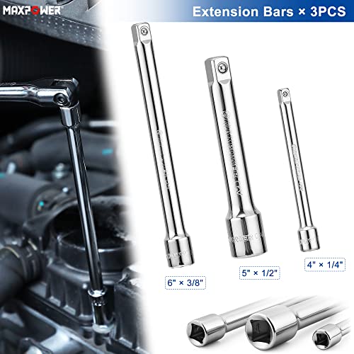 Maxpower Breaker Bar And Socket Extension Bar Set, Included 1/4" 3/8" 1/2" Drive Extensions, 15 Inch 10 Inch And 6 Inch Breaker Bars #TOP1