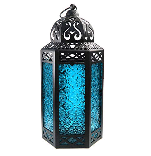 Vela Lanterns Moroccan Style Candle Lantern with LED Fairy Lights, Large, Blue Glass