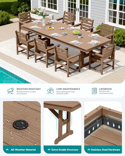 SERWALL 9 Piece Outdoor Dining Set, 84\" HDPE Outdoor Table and Chairs for 8，All Weather Patio Furniture Set with Umbrella Hole for Backyard, Garden, Brown - Thumbnail 3