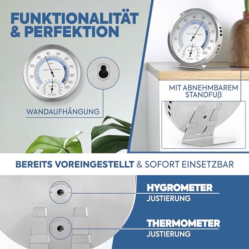 MAVORI® 2in1 Hygrometer innen analog und Thermometer analog innen aus Edelstahl - Thermometer Hygrometer...
