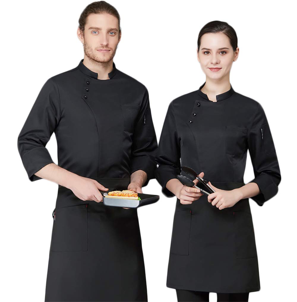 Zangaiyizu Unisex Chef Jacket Long Sleeve Coat Kitchen Uniforms with Pockets Stylish Western-Style Oblique Collar Design Chef Jacket High Moisture Absorption Sweat Releasing,Black,XXXXL