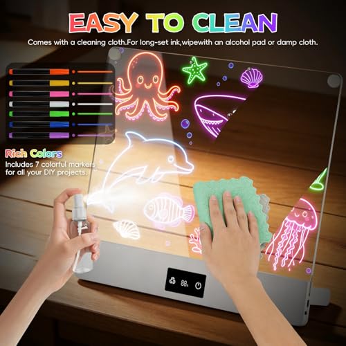 LED Drawing Board for Kid - Rechargeable 14" Doodle Glow Neon Art Note Boards, Holiday Birthday Gifts Toy for Kids Girls Boys Teens, Light Up Acrylic Dry Erase Message Note Writing Pad with 7 Markers - image 6