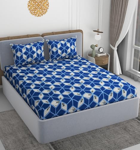 Image of VOMZER 320 TC Cotton Feel All Around Elastic Fitted Printed Bedsheets King Size, Premium Fitted Bedsheets King Size for Double Bed with 2 Pillow Covers, Size- 78 x 72 White Box
